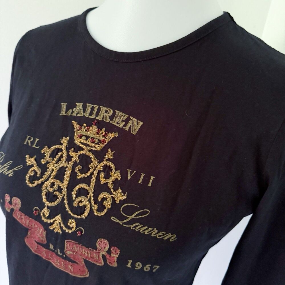 Women's Lauren Ralph Lauren RL Crest Logo Monogram Tee Shirt Black Size M Medium - Picture 3 of 14